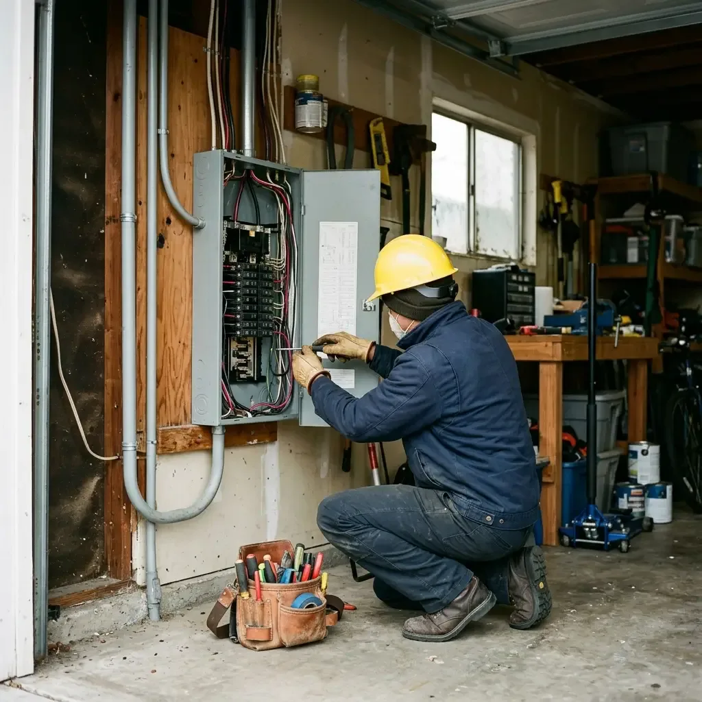 Electrician in a hard hat working near an open electrical panel