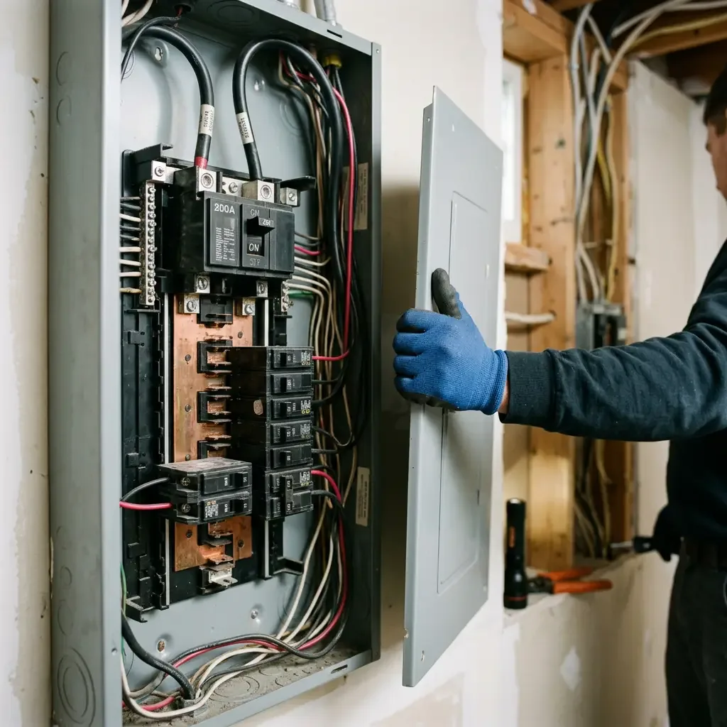 Electrician inspecting the main breaker inside a residential electrical panel