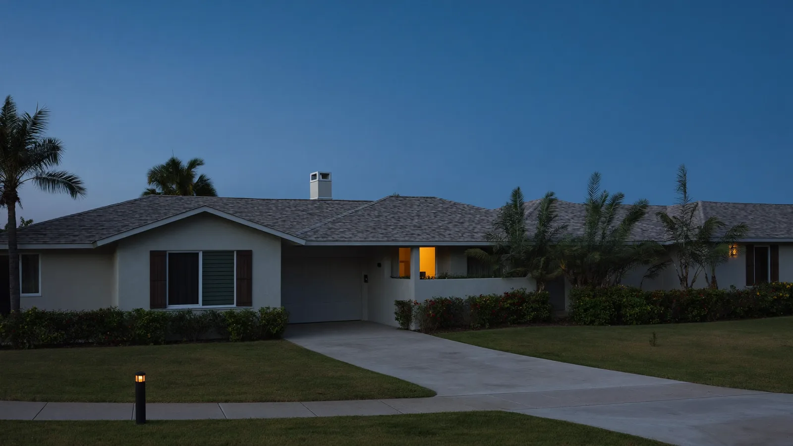Single-family Florida home at blue hour with a wide concrete driveway sweeping up from the street