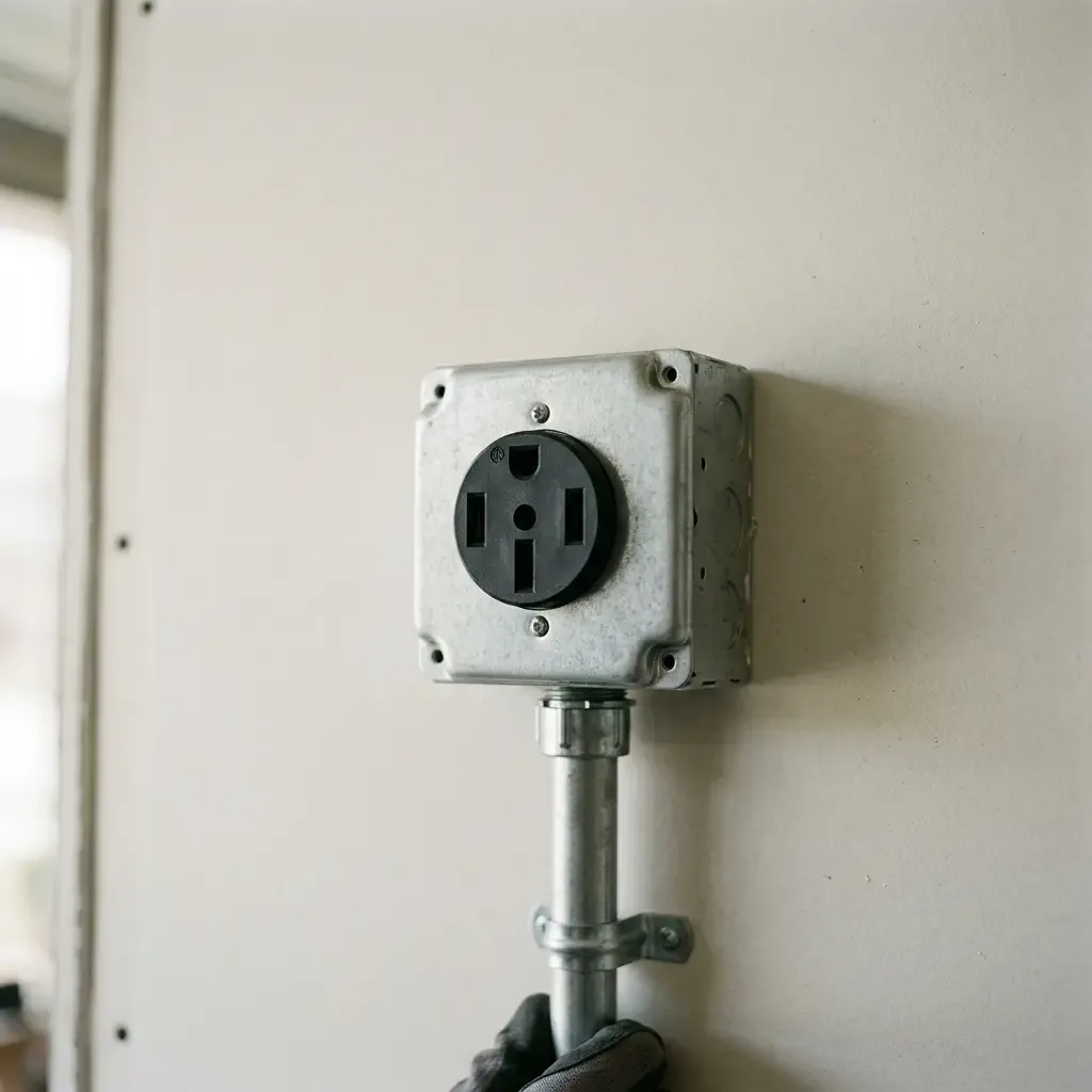 Heavy-duty 240-volt outlet mounted on a garage wall for EV charging equipment